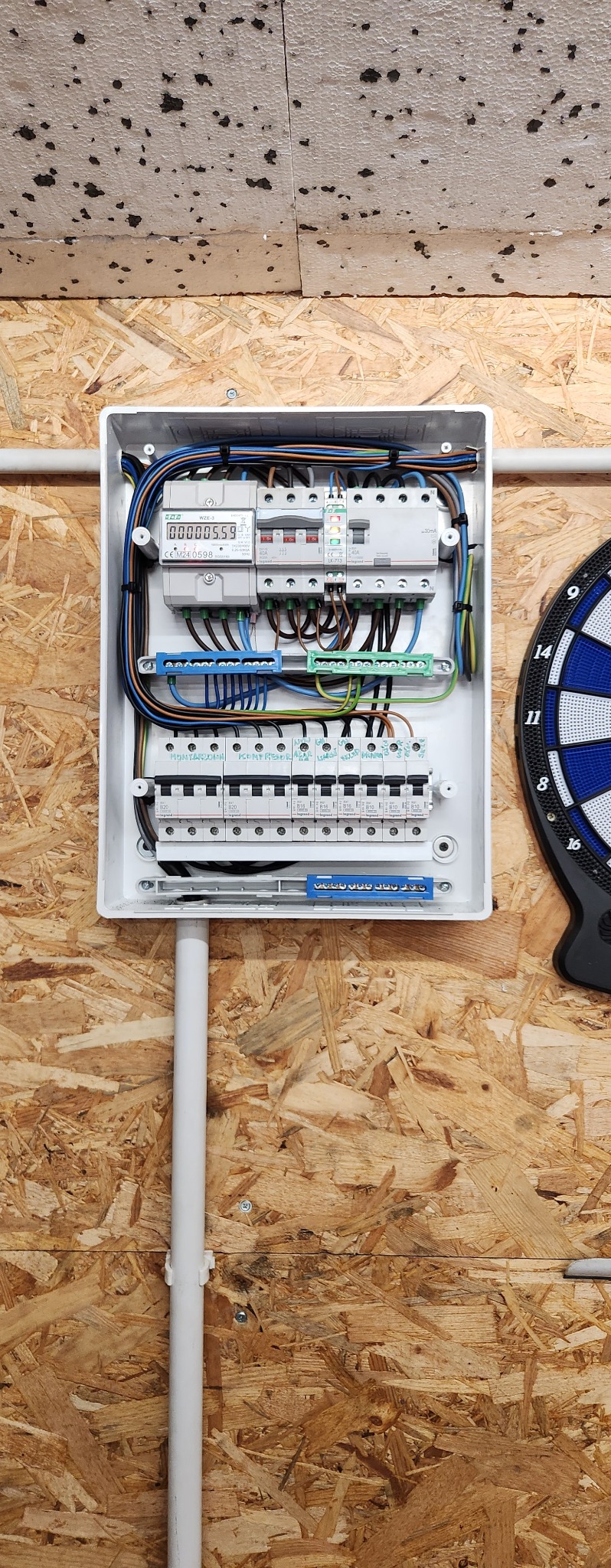 Otwarta skrzynka rozdzielcza z licznikiem energii elektrycznej i zabezpieczeniami, zamontowana na ścianie z płyty OSB, obok tarczy do darta.