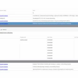Widok interfejsu użytkownika aplikacji webowej z listą workflow, widoczne kolumny: nr obiegu, aktywne etapy, tytuł, koordynator i status. Otwarty panel 'Column Chooser' z zaznaczonymi opcjami 'nr...