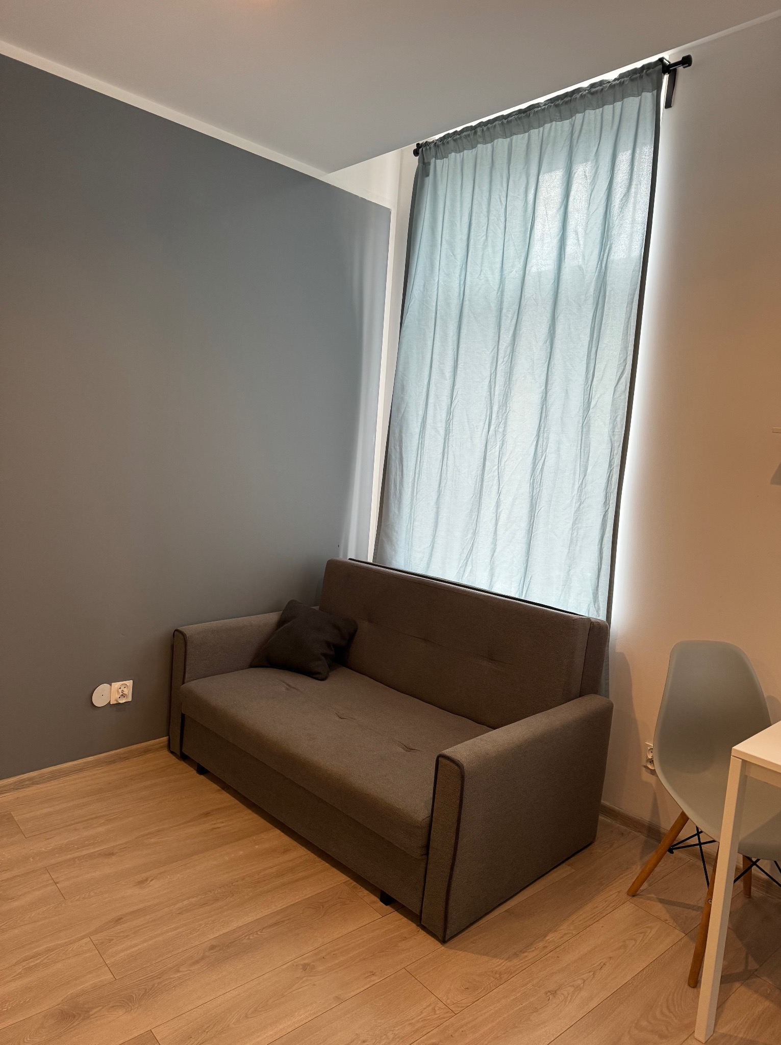 Szary salon z pomalowaną na szaro ścianą, drewnianą podłogą, szarą kanapą z poduszką i jasnoniebieskimi zasłonami przy oknie.