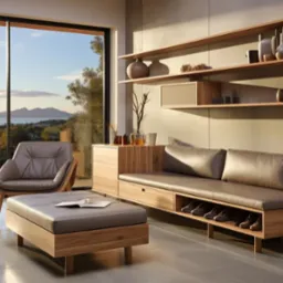 Nowoczesny salon z drewnianymi meblami: sofa z miejscem na buty, fotel z podnóżkiem i półki ścienne z dekoracjami, widok na krajobraz za oknem.