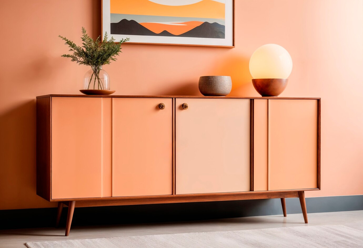 Komoda w odcieniach brzoskwini z drewnianymi elementami, dekorowana roślinami w szklanym wazonie, ceramiczną misą i kulistą lampą na tle koralowej ściany z obrazem.