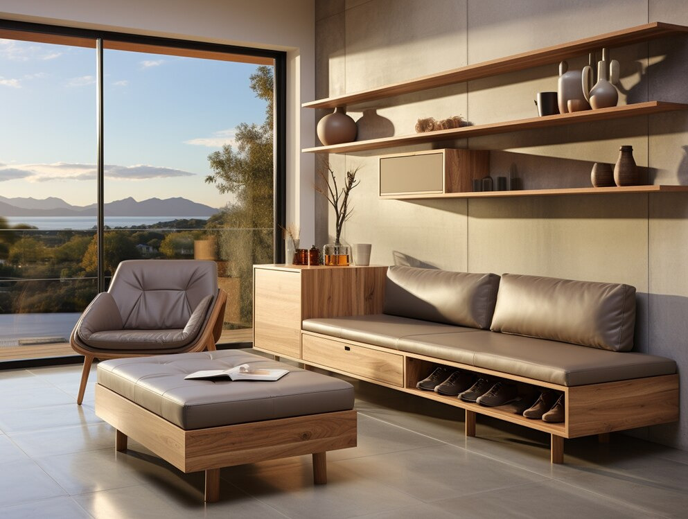 Nowoczesny salon z drewnianymi meblami: sofa z miejscem na buty, fotel z podnóżkiem i półki ścienne z dekoracjami, widok na krajobraz za oknem.
