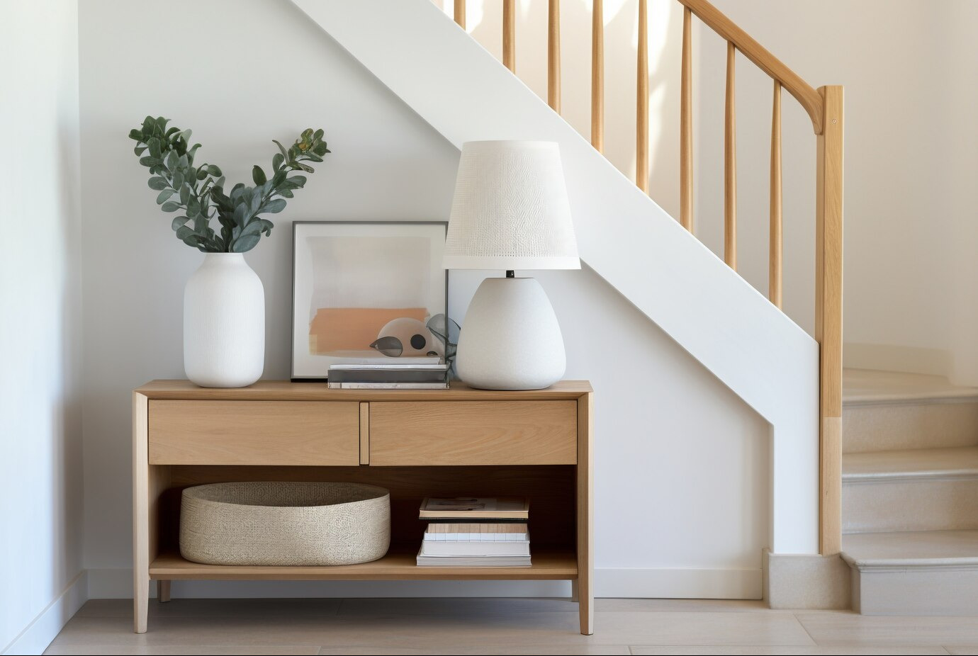 Drewniana komoda z dwiema szufladami, na niej wazon z zielonymi gałązkami, lampa stołowa z białym abażurem i obrazek, na dolnej półce okrągły koszyk, w tle schody z drewnianą balustradą.