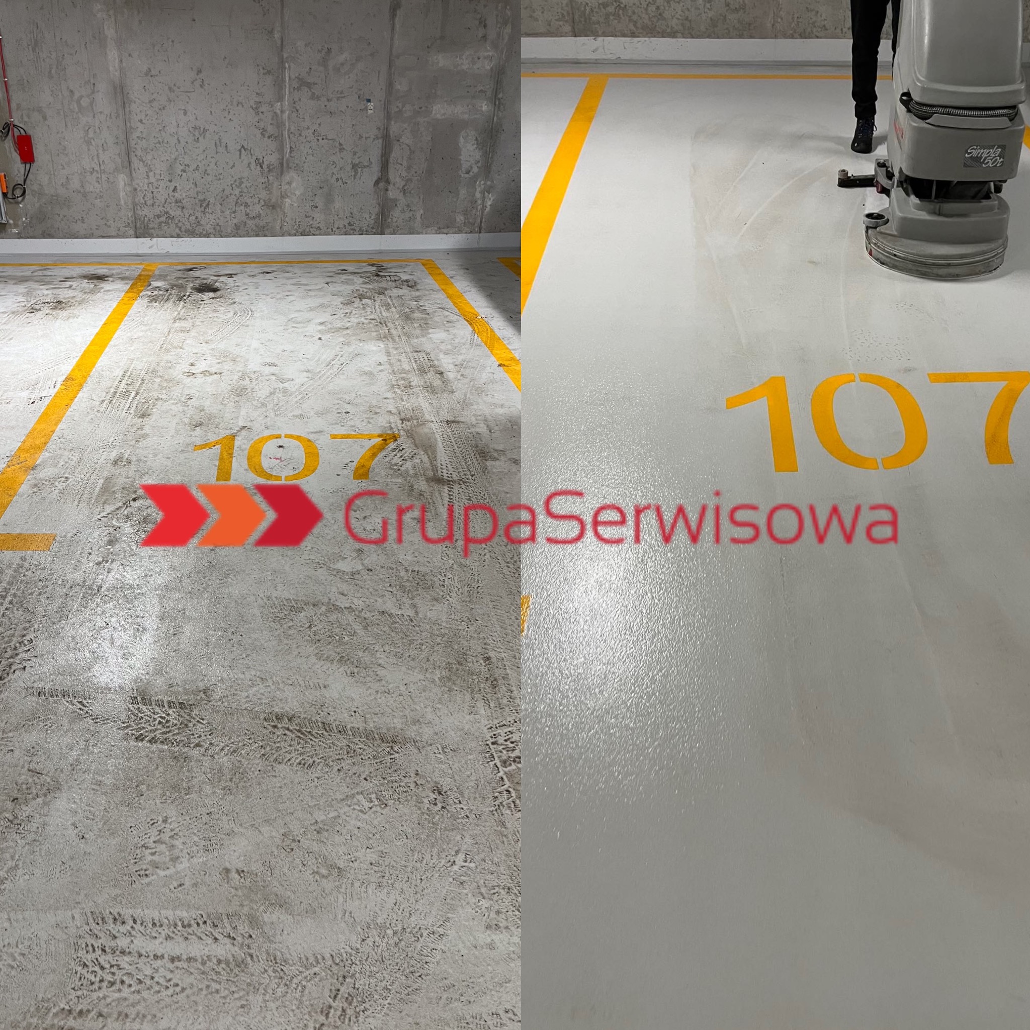 Efekt czyszczenia posadzki w garażu podziemnym w Warszawie. Po lewej brudna powierzchnia, po prawej czysta, umyta maszynowo. Żółte oznaczenia miejsc parkingowych.