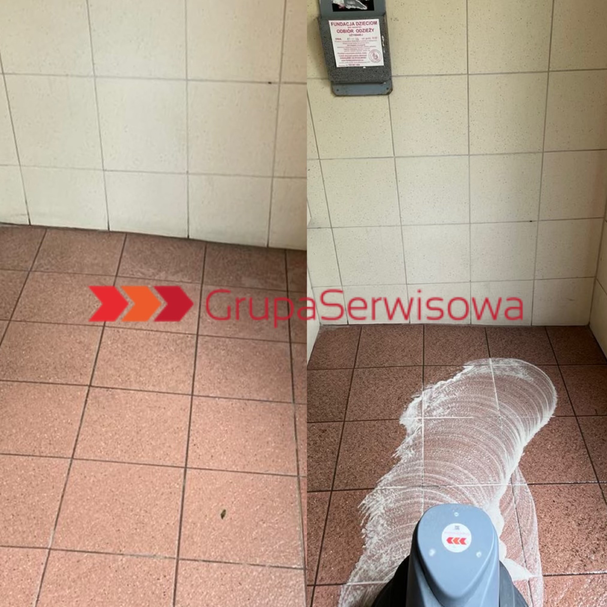 Porównanie stanu podłogi w kafelkach przed i w trakcie czyszczenia maszynowego. Widoczna piana czyszcząca i automat do mycia podłóg. Na ścianie pojemnik na odzież.