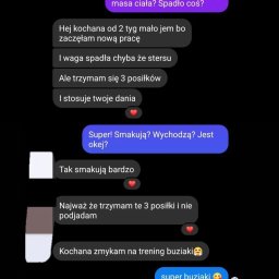 Izabela Zięba - Zrzut ekranu konwersacji na komunikatorze. Klientka informuje o stosowaniu się do zaleceń dietetycznych, spożywaniu trzech posiłków i spadku wagi. Wspomina również o treningu.