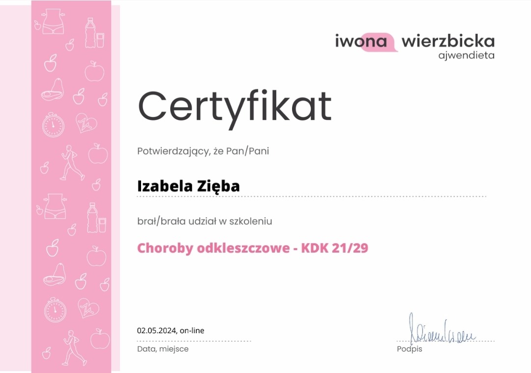 Certyfikat ukończenia szkolenia online z zakresu chorób odkleszczowych, wystawiony przez Iwonę Wierzbicką z Ajwendieta dla Izabeli Zięby, z ozdobnym różowym paskiem po lewej stronie.