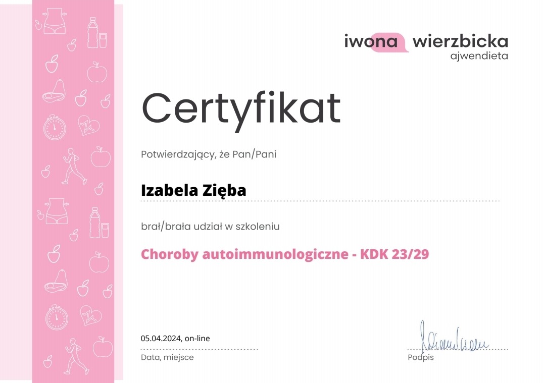 Certyfikat ukończenia szkolenia z zakresu chorób autoimmunologicznych, wystawiony dla Izabeli Zięby przez Iwonę Wierzbicką (Ajwendieta), z datą 05.04.2024, podpisany.