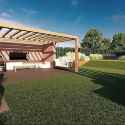 Wizualizacja ogrodu z ceglaną pergolą, huśtawką i minimalistycznymi meblami ogrodowymi na drewnianym podeście, z roślinami ozdobnymi w metalowych donicach i zielonym trawnikiem.