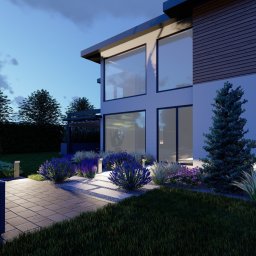 Maciej Janczak PROGLANCE STUDIO - Nowoczesny ogród przydomowy o zmierzchu, z podświetlonymi ścieżkami z kostki, rabatami z lawendy i ozdobnych traw, oraz minimalistycznym meblami ogrodowymi z siedzącymi osobami na tarasie.