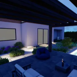 Wizualizacja ogrodu z oświetlonym oczkiem wodnym, pergolą i meblami ogrodowymi w odcieniach bieli i granatu, widok wieczorny.