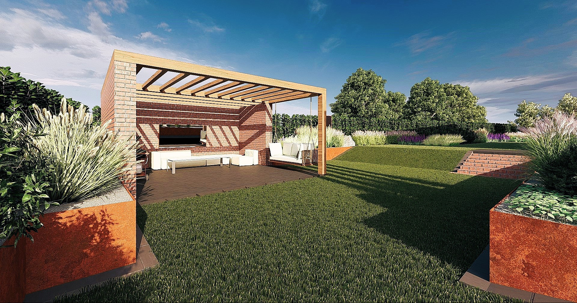 Wizualizacja ogrodu z ceglaną pergolą, huśtawką i minimalistycznymi meblami ogrodowymi na drewnianym podeście, z roślinami ozdobnymi w metalowych donicach i zielonym trawnikiem.