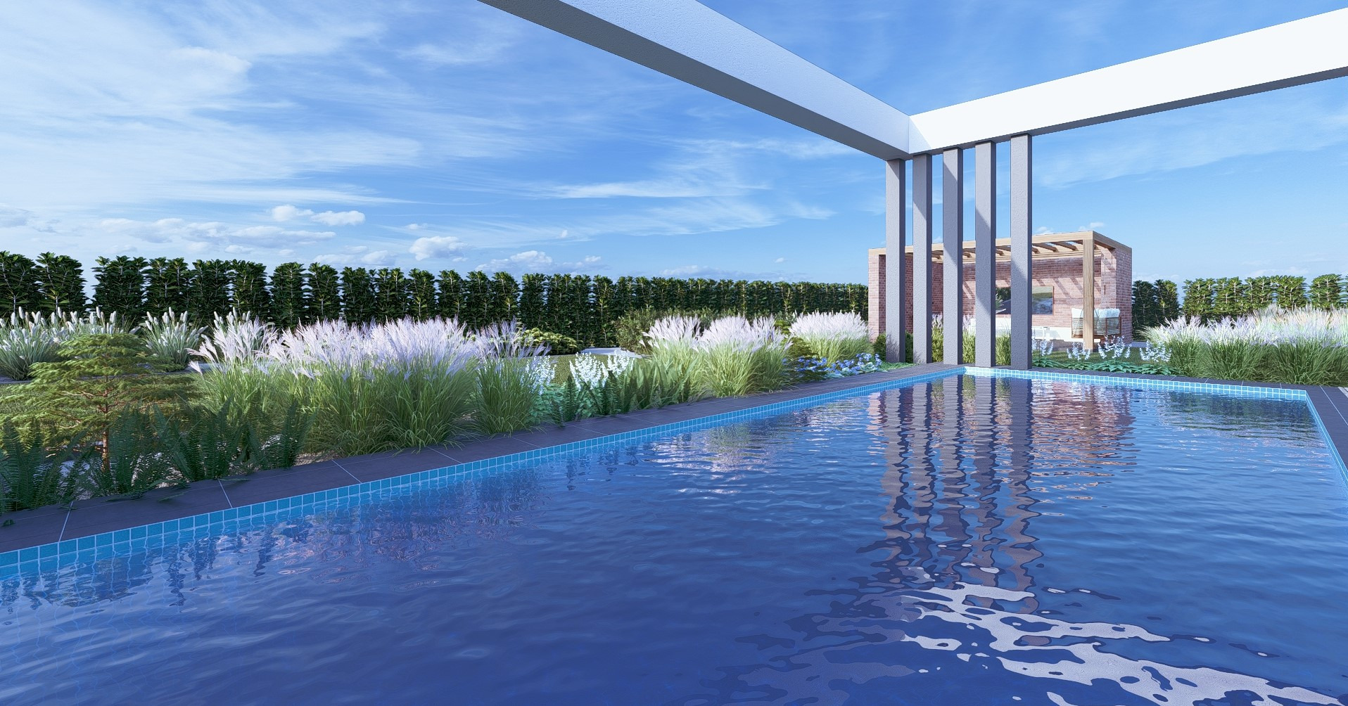 Nowoczesny basen otoczony dekoracyjną roślinnością, z widocznymi trawami ozdobnymi i żywopłotem w tle, pod zadaszoną konstrukcją.