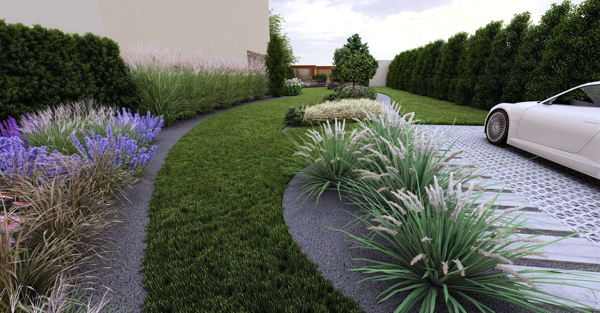 Wizualizacja ogrodu z krętą ścieżką, ozdobnymi trawami i kwitnącymi bylinami, z nowoczesnym podjazdem i białym samochodem w tle.