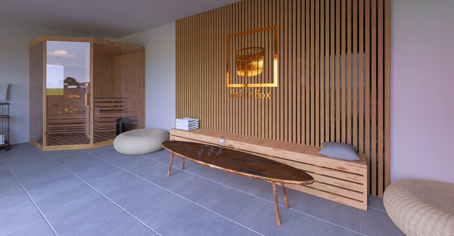 Wizualizacja wnętrza sauny z drewnianą kabiną, siedziskami, stolikiem z surowego drewna i ścianą z pionowych listew z logo 'PaliaBox'.