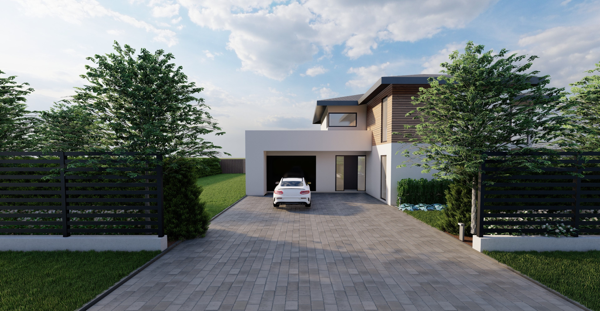 Wizualizacja nowoczesnego domu z podjazdem z kostki brukowej, minimalistycznym ogrodem z czarnym ogrodzeniem poziomym i białym samochodem w garażu.