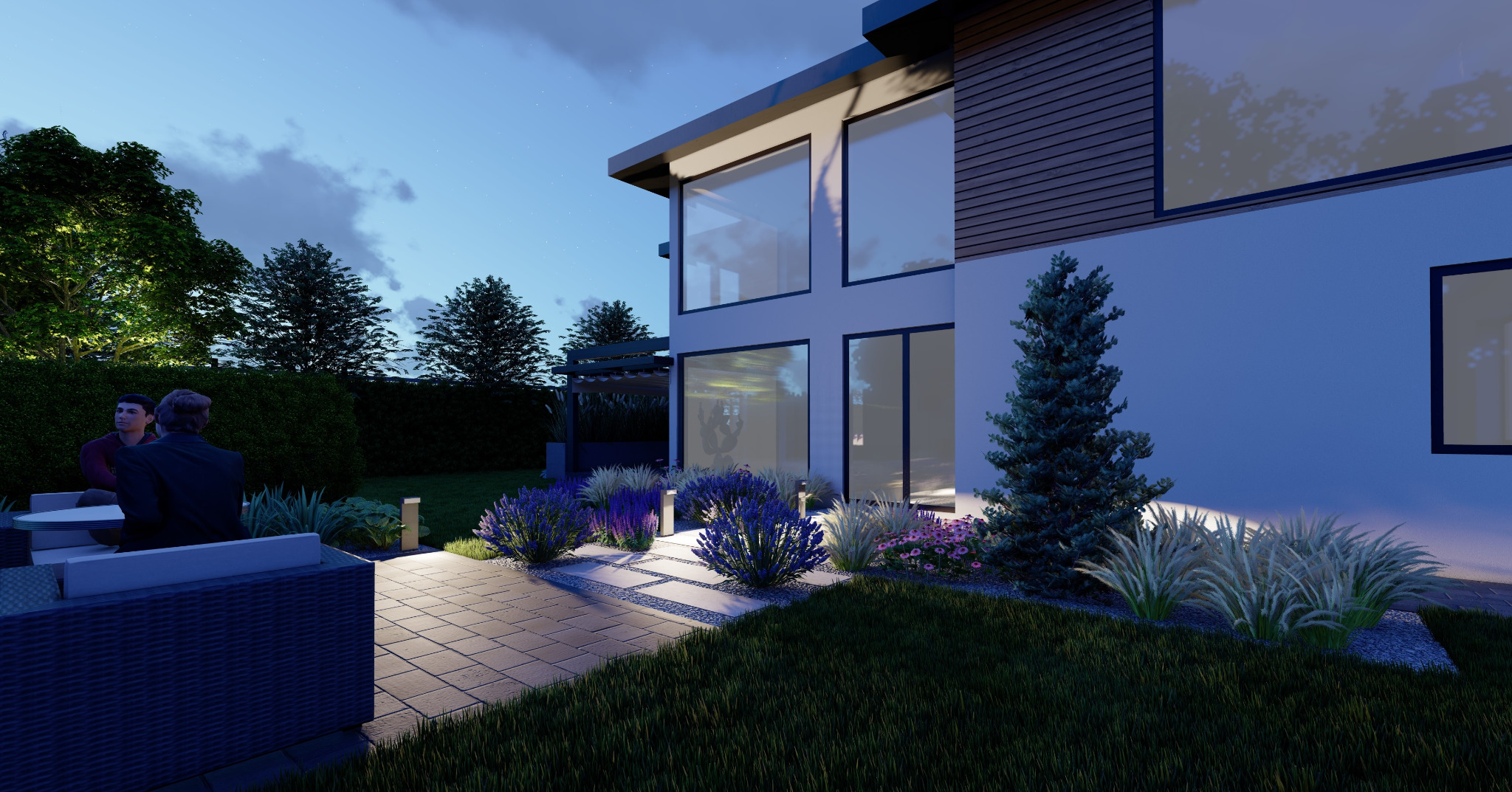 Nowoczesny ogród przydomowy o zmierzchu, z podświetlonymi ścieżkami z kostki, rabatami z lawendy i ozdobnych traw, oraz minimalistycznym meblami ogrodowymi z siedzącymi osobami na tarasie.