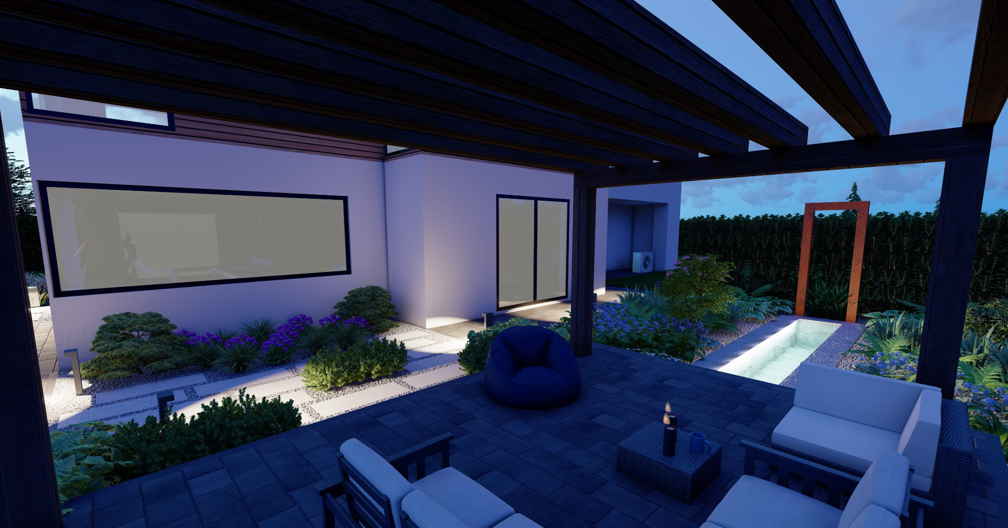 Wizualizacja ogrodu z oświetlonym oczkiem wodnym, pergolą i meblami ogrodowymi w odcieniach bieli i granatu, widok wieczorny.