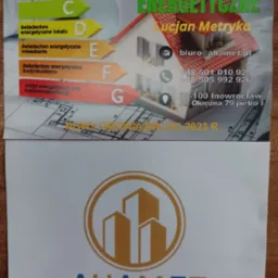 Ulotka reklamowa z informacjami o świadectwach energetycznych, w tym oceny energetyczne od A do G, dane kontaktowe firmy Lucjan Metryka oraz logo firmy AHAMET.