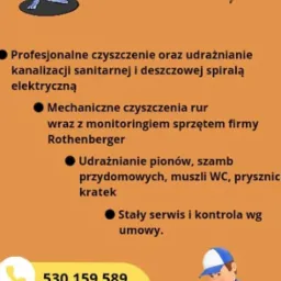 Reklama firmy Zajkan Damian Zając oferującej profesjonalne czyszczenie i udrażnianie kanalizacji, mechaniczne czyszczenie rur sprzętem Rothenberger, udrażnianie pionów, szamb, muszli WC, pryszniców...