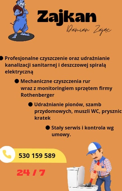 Reklama firmy Zajkan Damian Zając oferującej profesjonalne czyszczenie i udrażnianie kanalizacji, mechaniczne czyszczenie rur sprzętem Rothenberger, udrażnianie pionów, szamb, muszli WC, pryszniców...