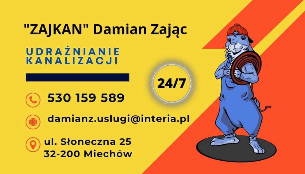 Ilustracja reklamowa firmy Zajkan Damian Zając, oferującej usługi kanalizacyjne 24/7, z numerem telefonu, adresem email i adresem stacjonarnym, obok której znajduje się rysunek antropomorficznej...