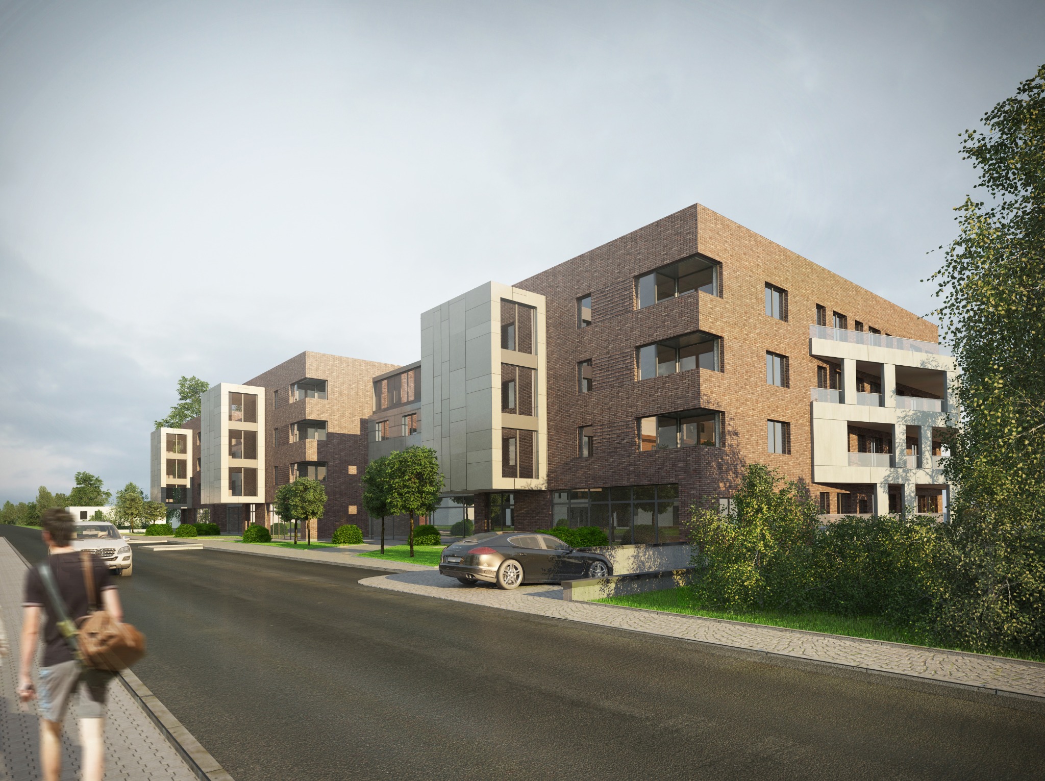 Wizualizacja nowoczesnego kompleksu apartamentowego z cegły klinkierowej i elementami z jasnej blachy, z podziemnym parkingiem i samochodem Porsche zaparkowanym przed budynkiem.