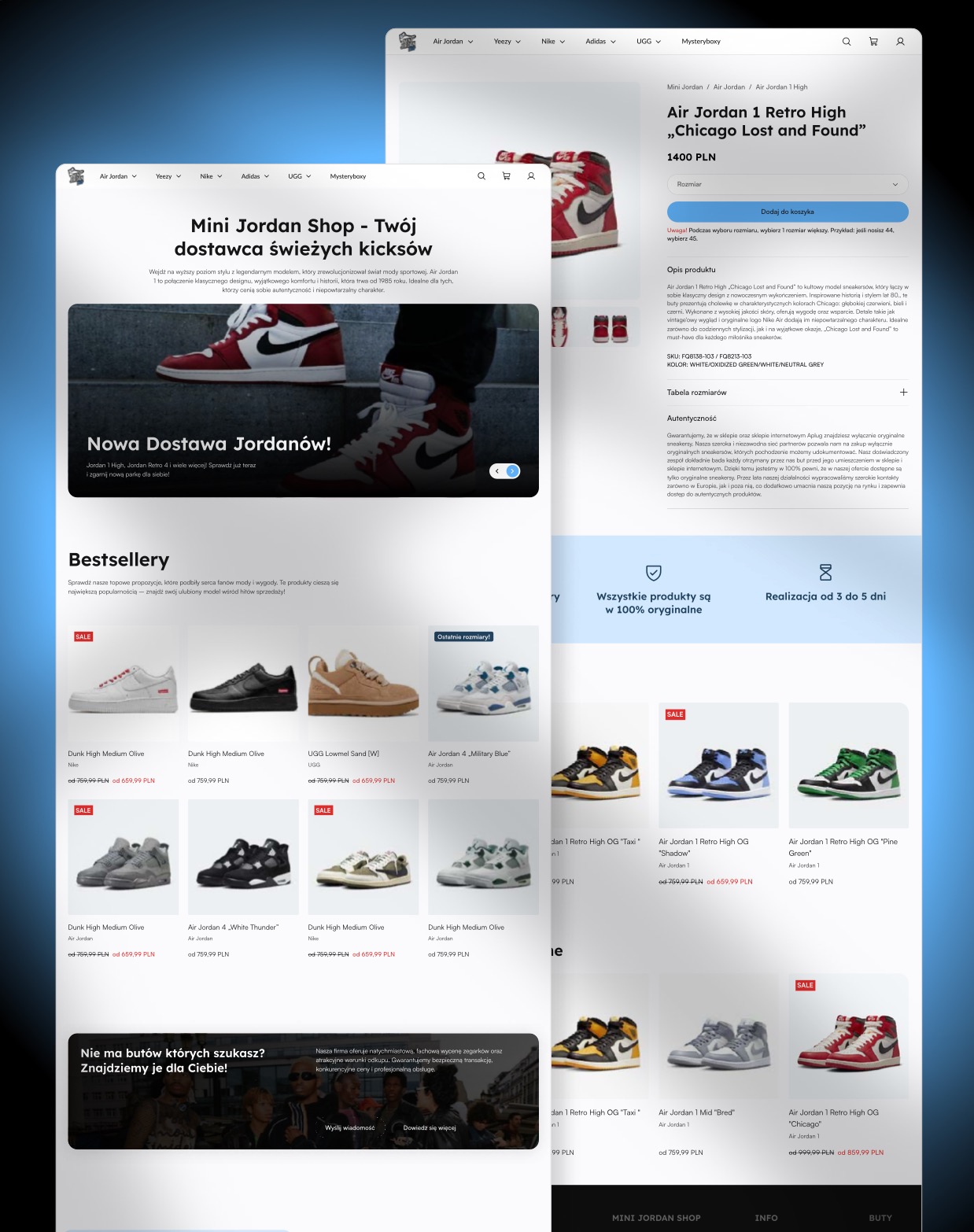Zrzut ekranu sklepu internetowego Mini Jordan Shop z ofertą butów Air Jordan 1 Retro High 'Chicago Lost and Found' za 1400 PLN, prezentujący także bestsellery i zachęcający do kontaktu...