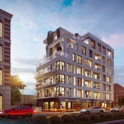 GAP NIERUCHOMOŚCI SPÓŁKA Z OGRANICZONĄ ODPOWIEDZIALNOŚCIĄ - Wizualizacja nowoczesnego apartamentowca z balkonami i lokalami usługowymi na parterze, z czerwonym i srebrnym samochodem na ulicy, w tle budynek z czerwonej cegły.