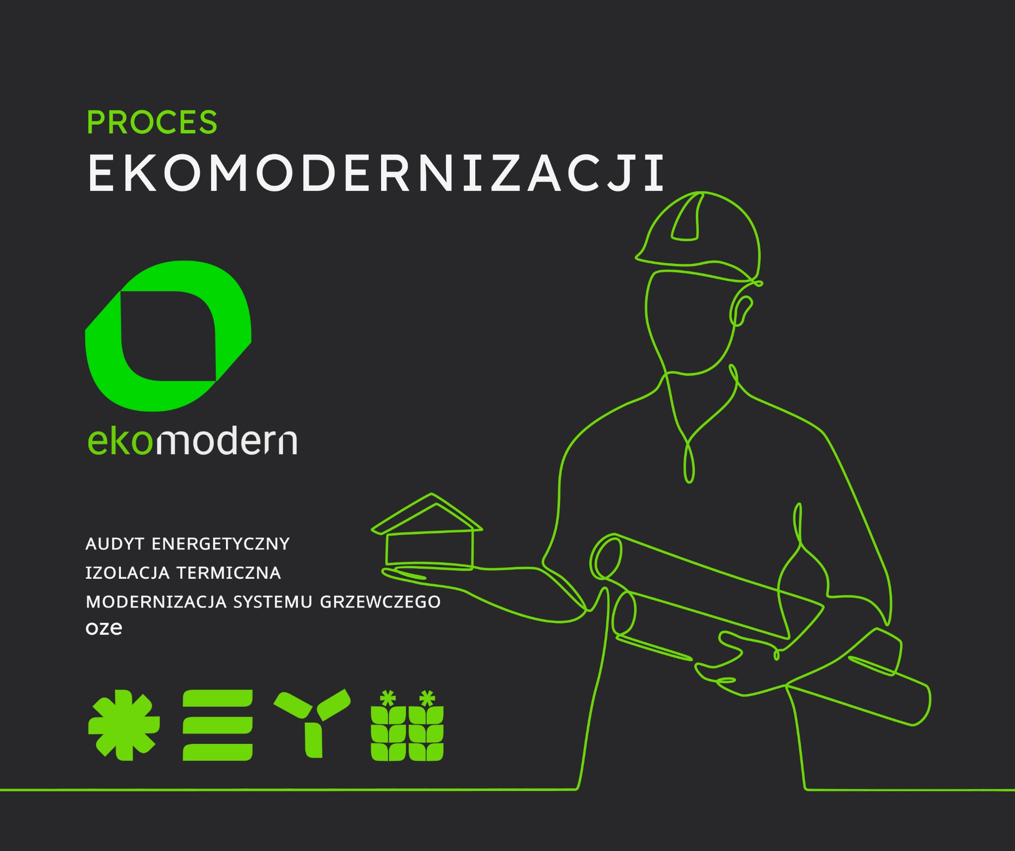 Grafika wektorowa: proces ekomodernizacji z logo firmy Ekomodern, sylwetką inżyniera z projektem i ikonami audytu, izolacji, modernizacji systemów grzewczych i OZE.