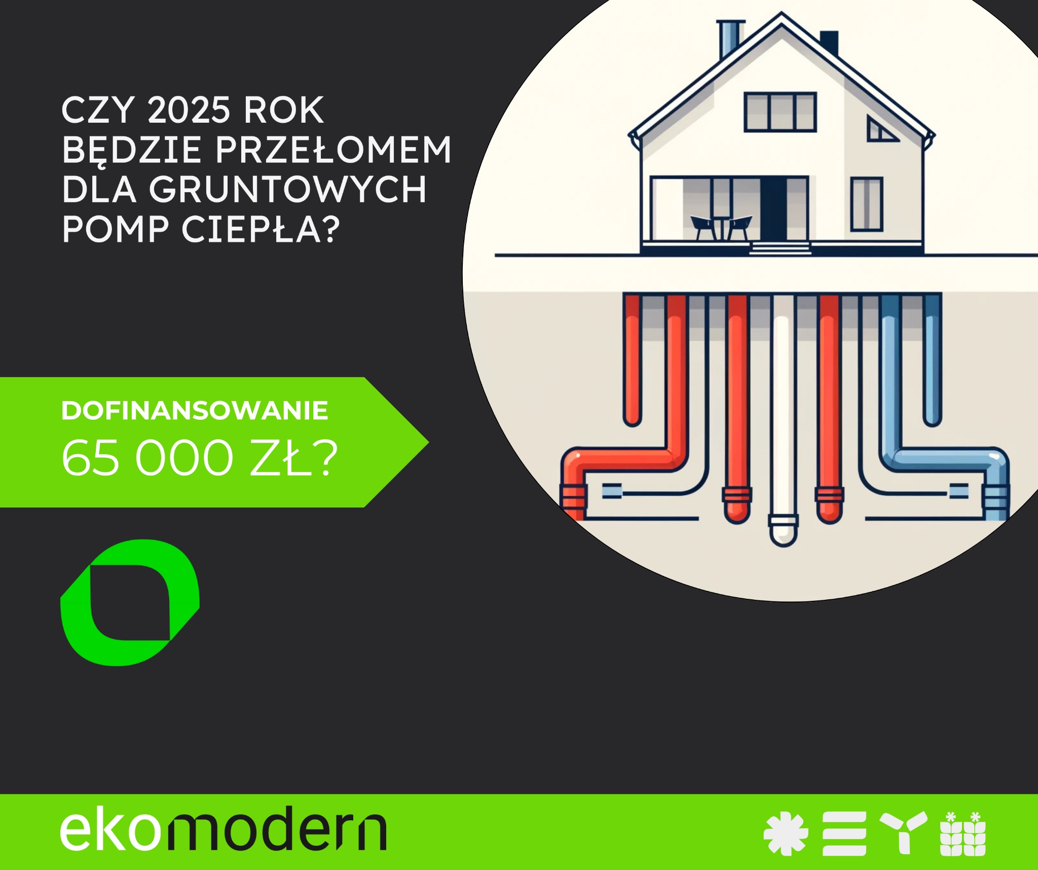 Grafika informacyjna o gruntowych pompach ciepła w Chełmie. Dom z instalacją podziemną i informacją o dofinansowaniu 65 000 zł. Logo firmy Ekomodern.