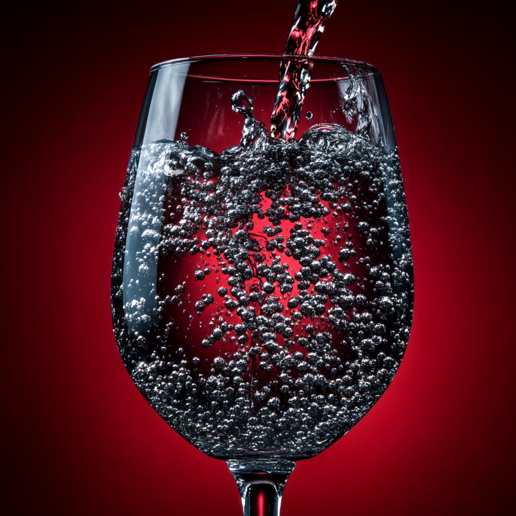 Kieliszek wypełniony wodą z licznymi bąbelkami, w trakcie nalewania, na czerwonym tle.