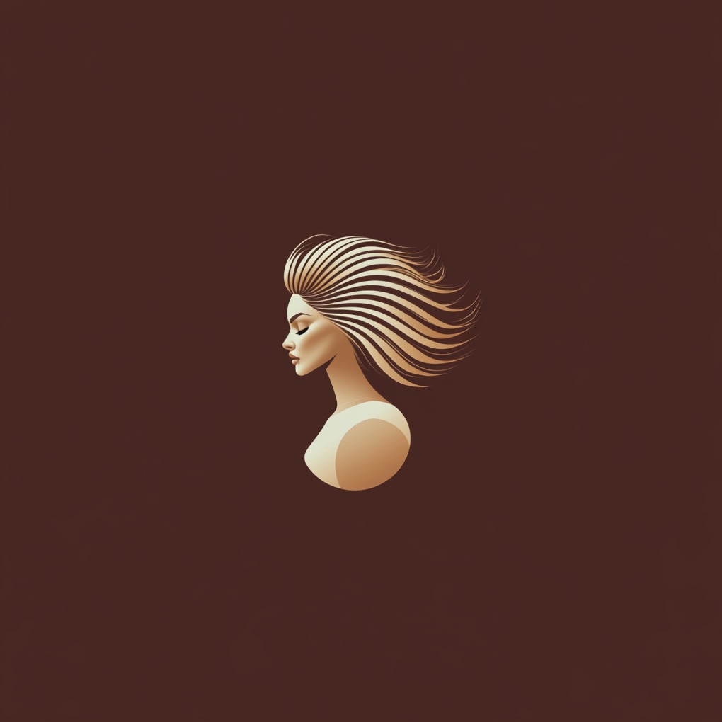 Minimalistyczny portret kobiety z geometryczną fryzurą w odcieniach złota na brązowym tle.
