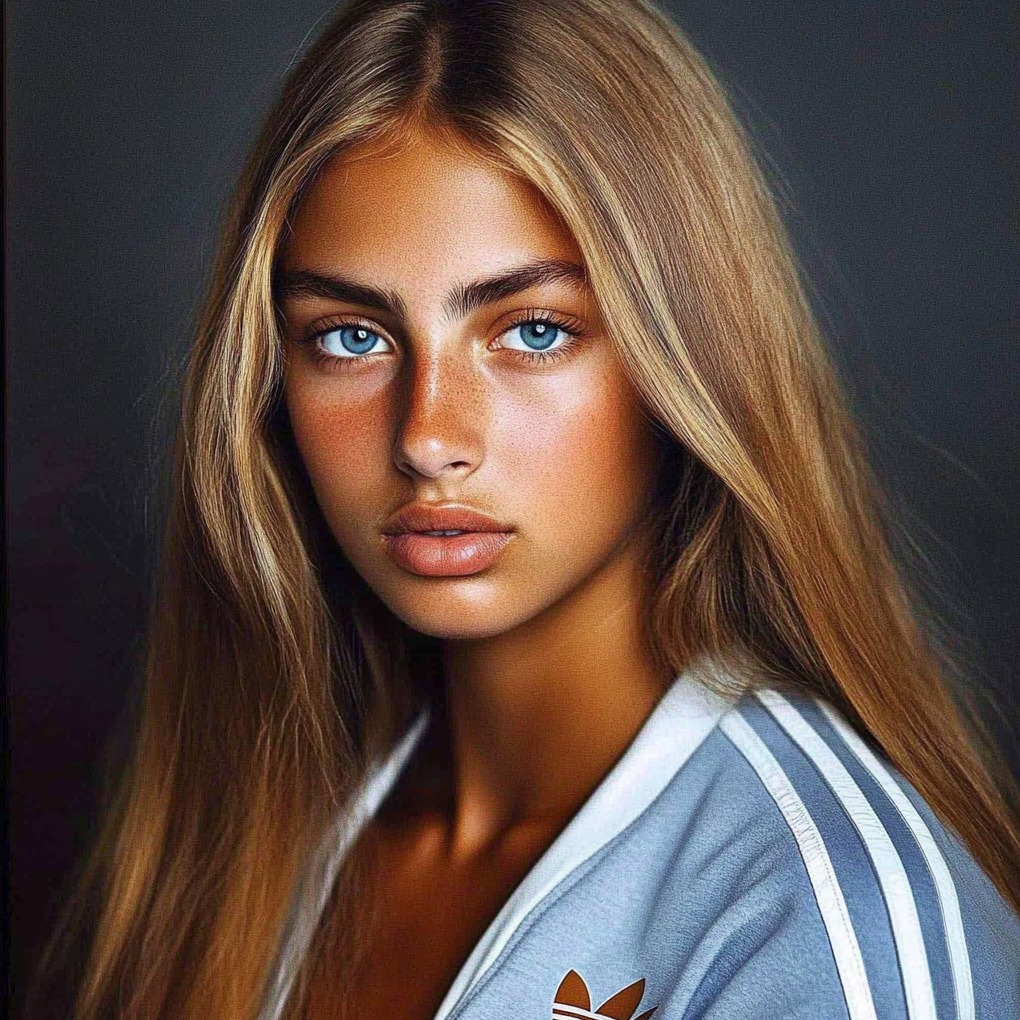 Portret młodej kobiety o jasnych włosach i niebieskich oczach, ubrana w bluzę z trzema paskami na ramieniu, na ciemnoszarym tle.