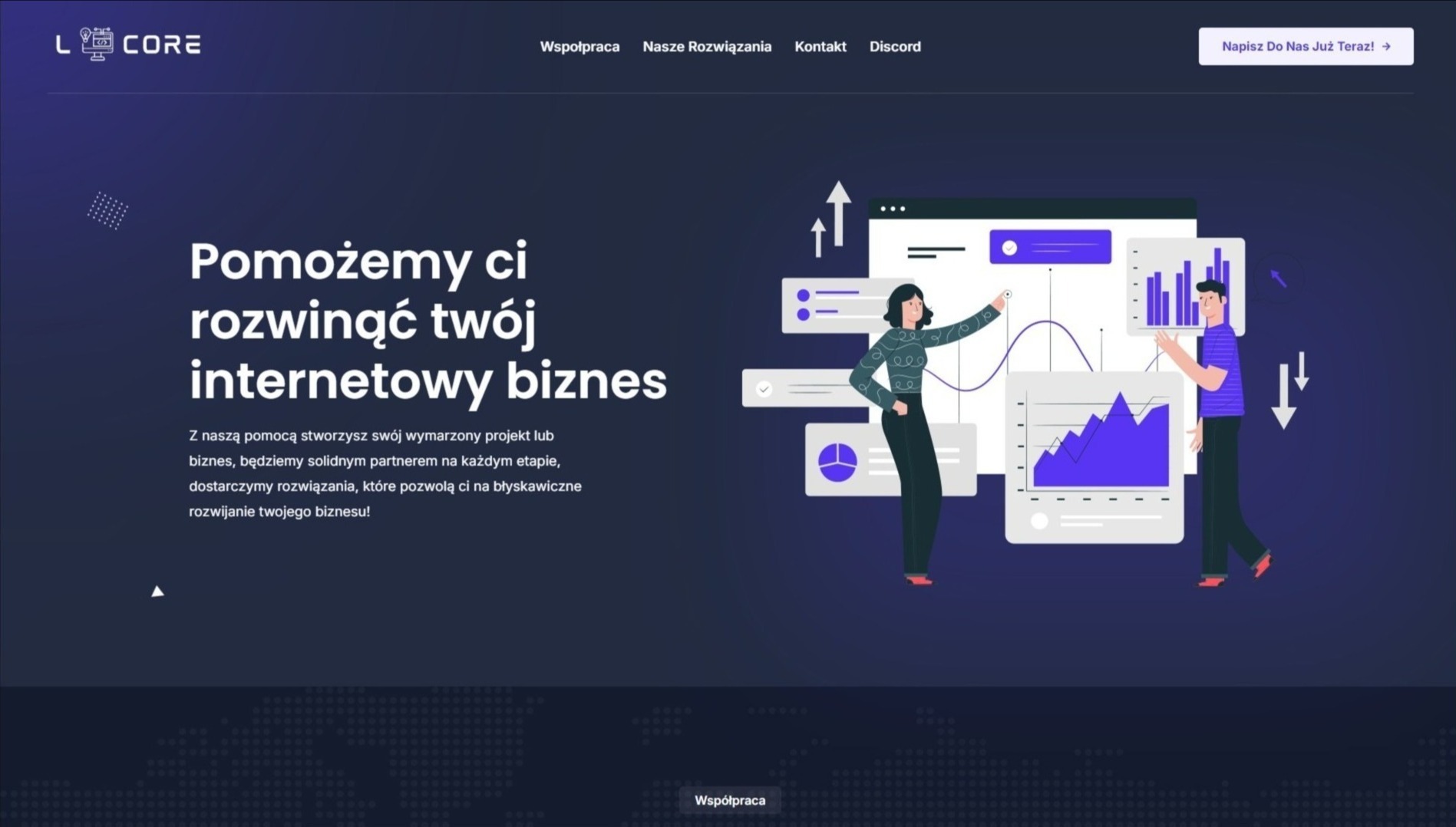 Ilustracja strony internetowej z hasłem 'Pomożemy ci rozwinąć twój internetowy biznes', prezentująca analizę danych i wzrost, z postaciami kobiety i mężczyzny wskazującymi na wykresy.