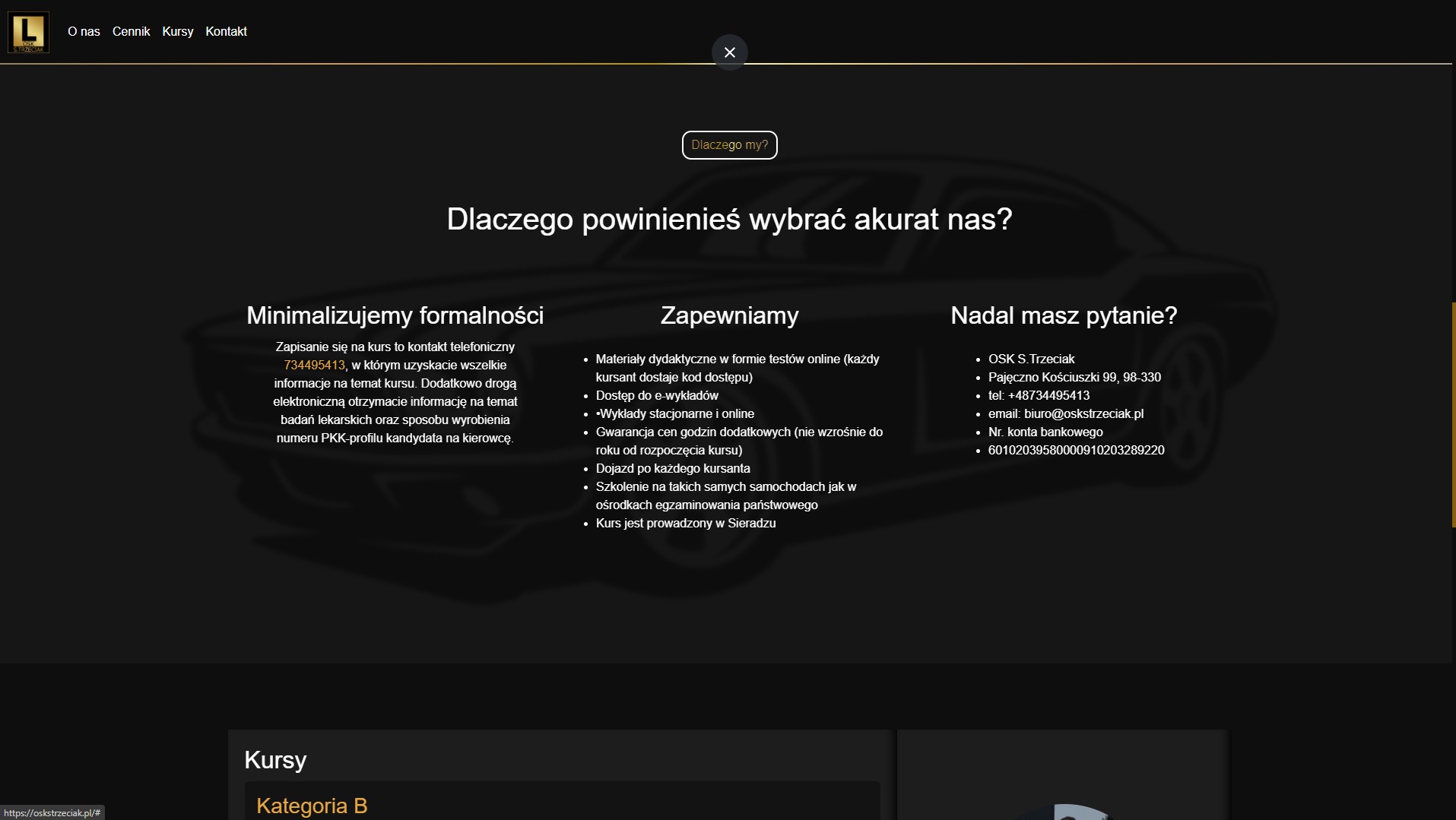 Strona internetowa szkoły nauki jazdy OSK S. Trzeciak z hasłem 'Dlaczego powinieneś wybrać akurat nas?', informacjami o minimalizacji formalności, zapewnieniach, danych kontaktowych i ofercie...