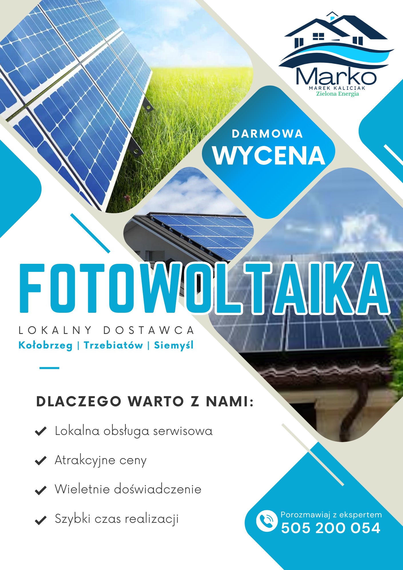 Grafika reklamowa firmy z Mrzeżyna oferującej darmową wycenę instalacji fotowoltaicznych, z widocznymi panelami słonecznymi na dachu i na otwartym terenie, logo firmy oraz hasła reklamowe.