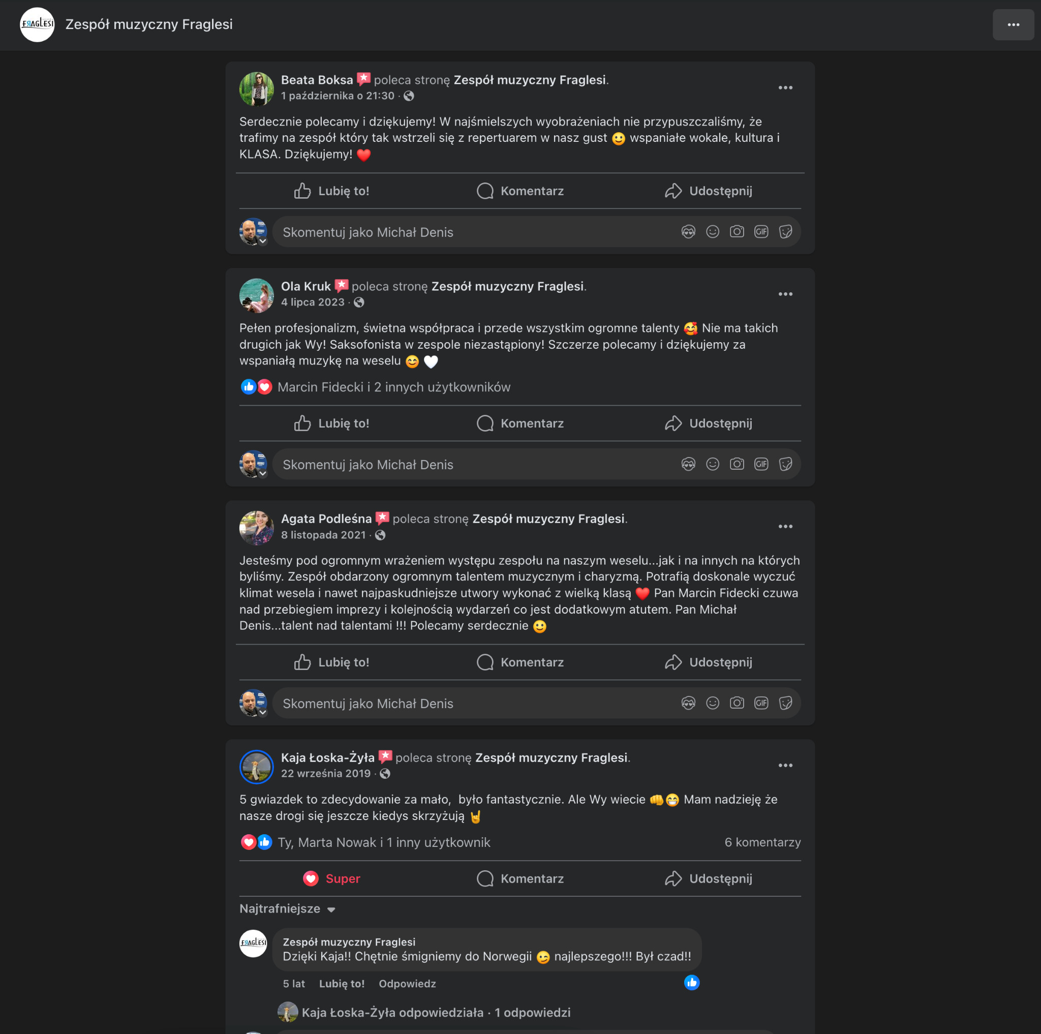Zrzut ekranu z Facebooka przedstawiający rekomendacje użytkowników dla zespołu muzycznego Fraglesi, z pozytywnymi opiniami na temat ich występów na weselach i imprezach.