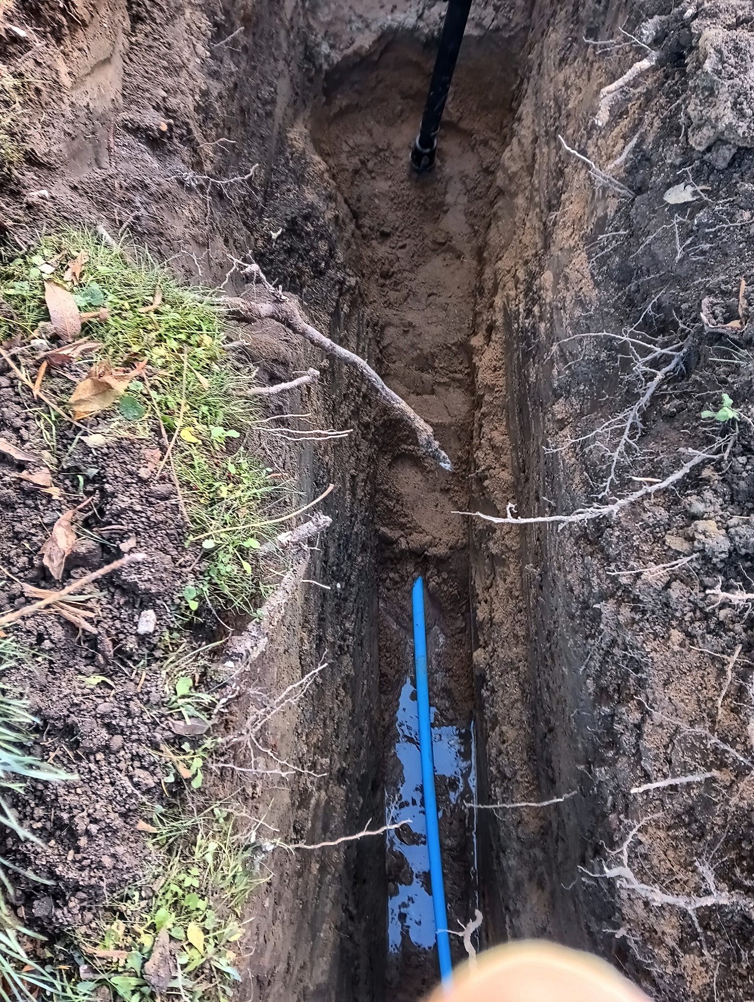 Wykop w ziemi z widocznymi rurami: czarną u góry i niebieską na dnie, częściowo wypełniony wodą.