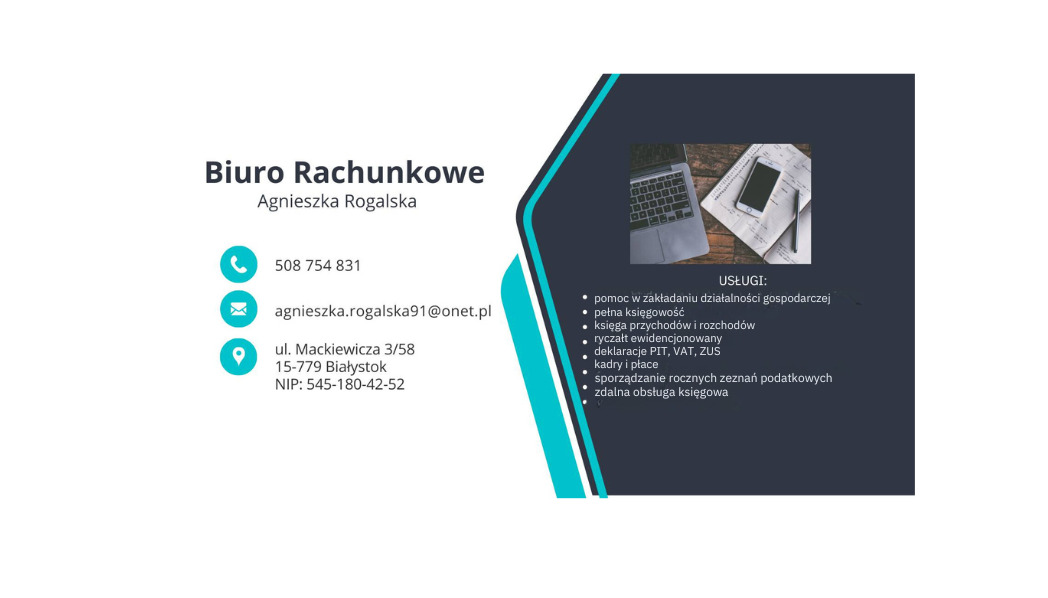 Wizytówka biura rachunkowego Agnieszki Rogalskiej z danymi kontaktowymi i listą świadczonych usług, w tle laptop, telefon i dokumenty.