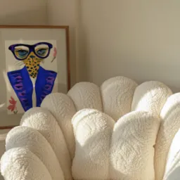 Oprawiony plakat z rysunkiem geparda w okularach i niebieskiej marynarce, obok puszysty, kremowy fotel muszelka i trawa pampasowa w rogu pokoju.