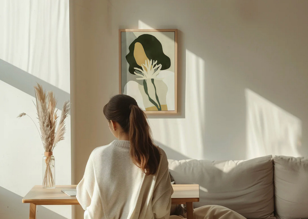 Kobieta siedzi przy biurku w jasnym pokoju, na ścianie wisi oprawiony, abstrakcyjny plakat przedstawiający postać z kwiatem, obok w wazonie trawa pampasowa.