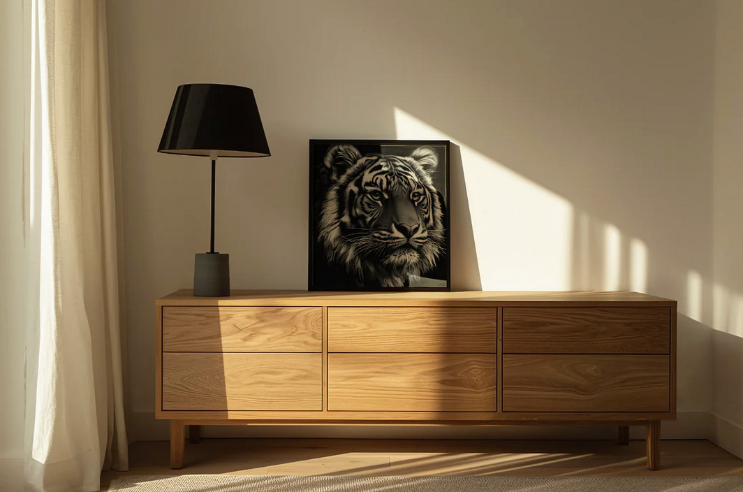 Nowoczesna komoda z jasnego drewna z czarną lampą i oprawionym portretem tygrysa w minimalistycznym wnętrzu, oświetlona promieniami słońca padającymi przez okno.