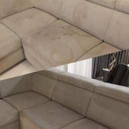 SzuruSzuru.pl - Beżowa narożna kanapa z widocznymi plamami na siedzisku w górnej części zdjęcia (przed czyszczeniem), dolna część zdjęcia pokazuje tę samą kanapę po czyszczeniu, bez plam.