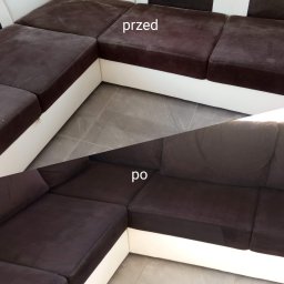 SzuruSzuru.pl - Narożnik z brązową tapicerką przed i po czyszczeniu, widoczne różnice w odcieniu i plamach.