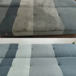 Porównanie stanu kanapy w Gdyni przed i po praniu: widoczna wyraźna różnica w czystości i odświeżeniu kolorów na tapicerce w odcieniach szarości.