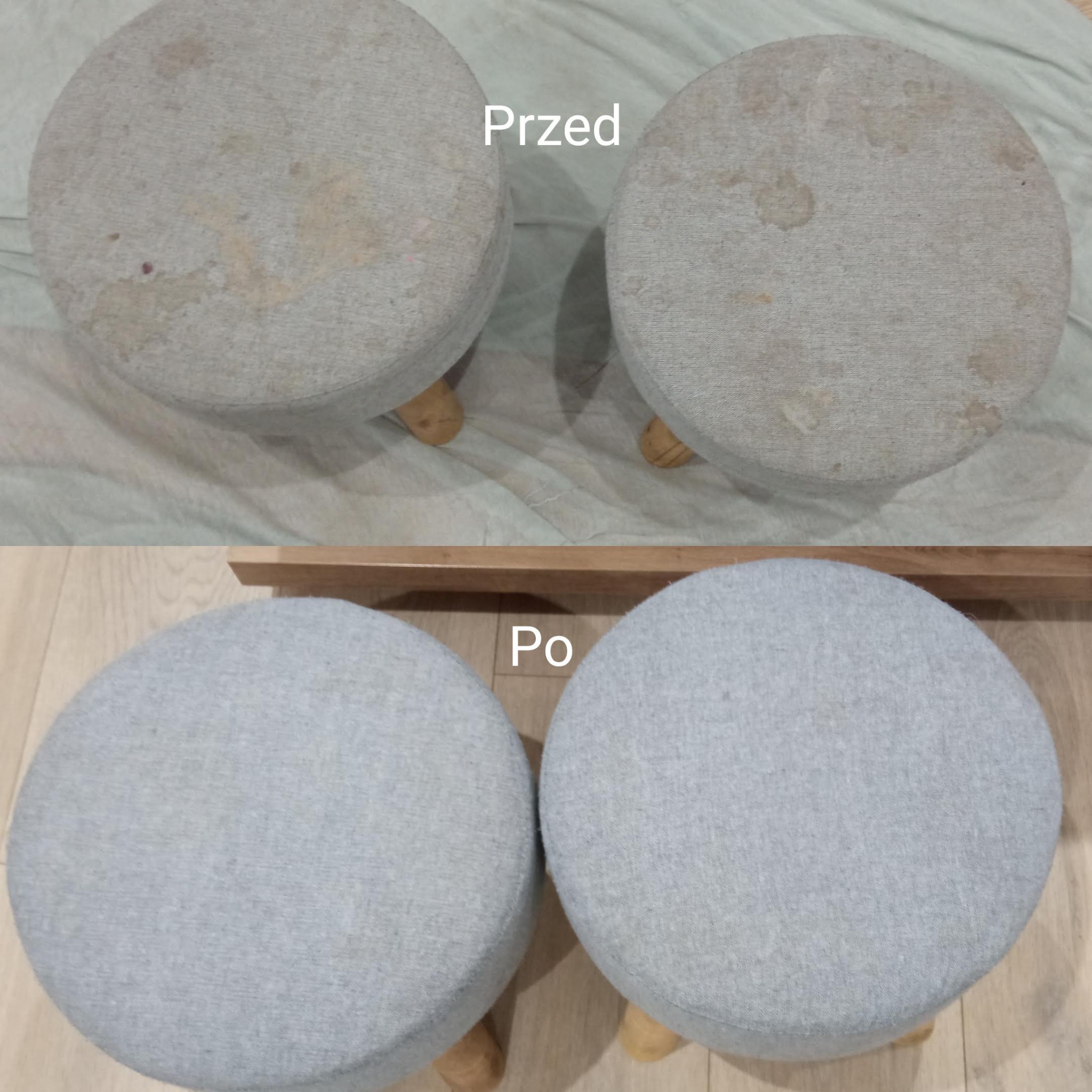 Dwa tapicerowane taborety na drewnianych nóżkach, ujęcie z góry. Górna część zdjęcia pokazuje taborety przed czyszczeniem, z widocznymi plamami. Dolna część prezentuje te same taborety po...