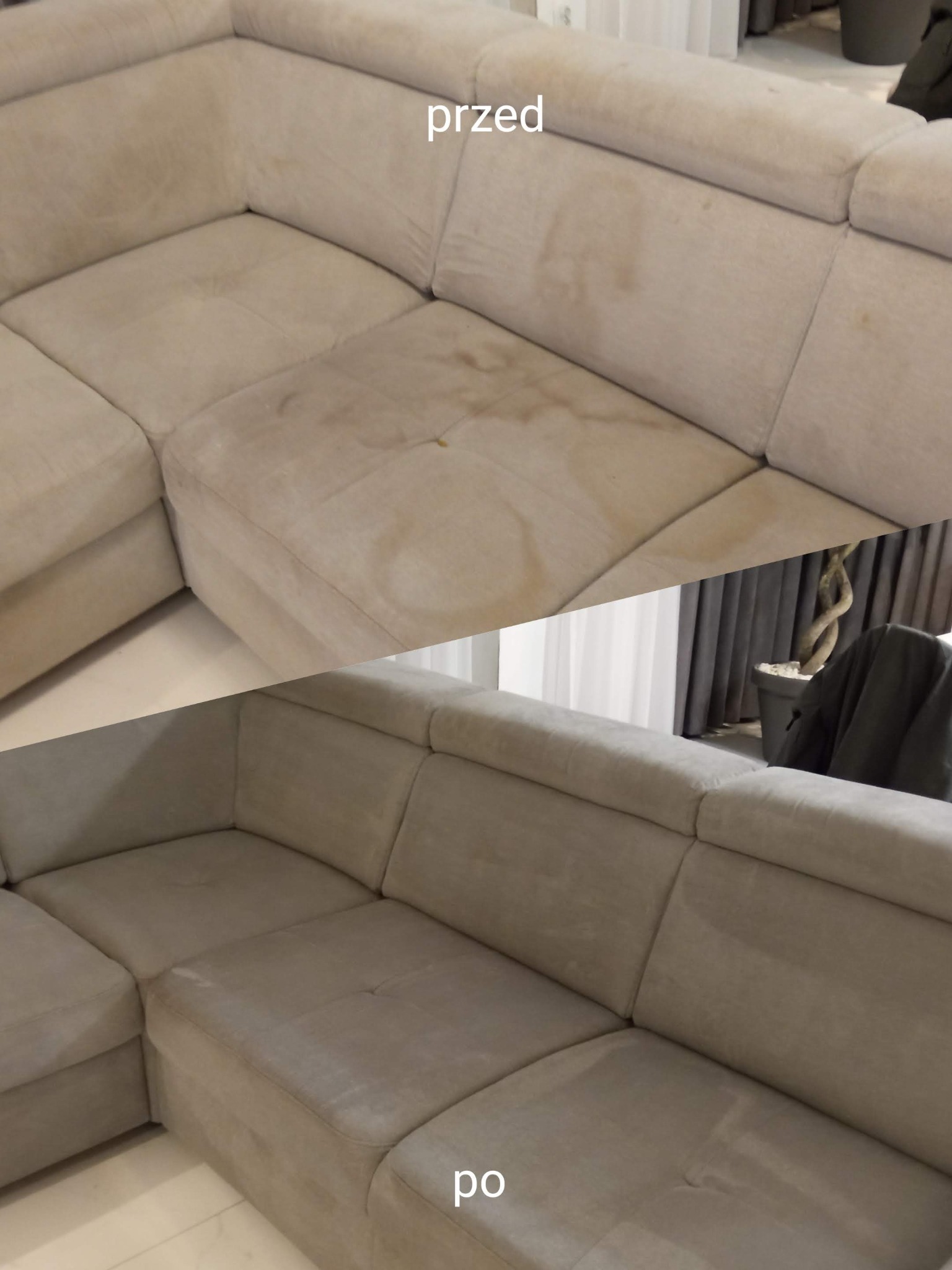 Beżowa narożna kanapa z widocznymi plamami na siedzisku w górnej części zdjęcia (przed czyszczeniem), dolna część zdjęcia pokazuje tę samą kanapę po czyszczeniu, bez plam.