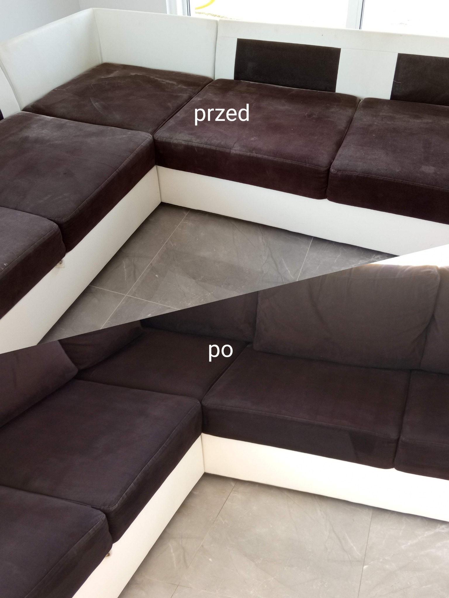 Narożnik z brązową tapicerką przed i po czyszczeniu, widoczne różnice w odcieniu i plamach.