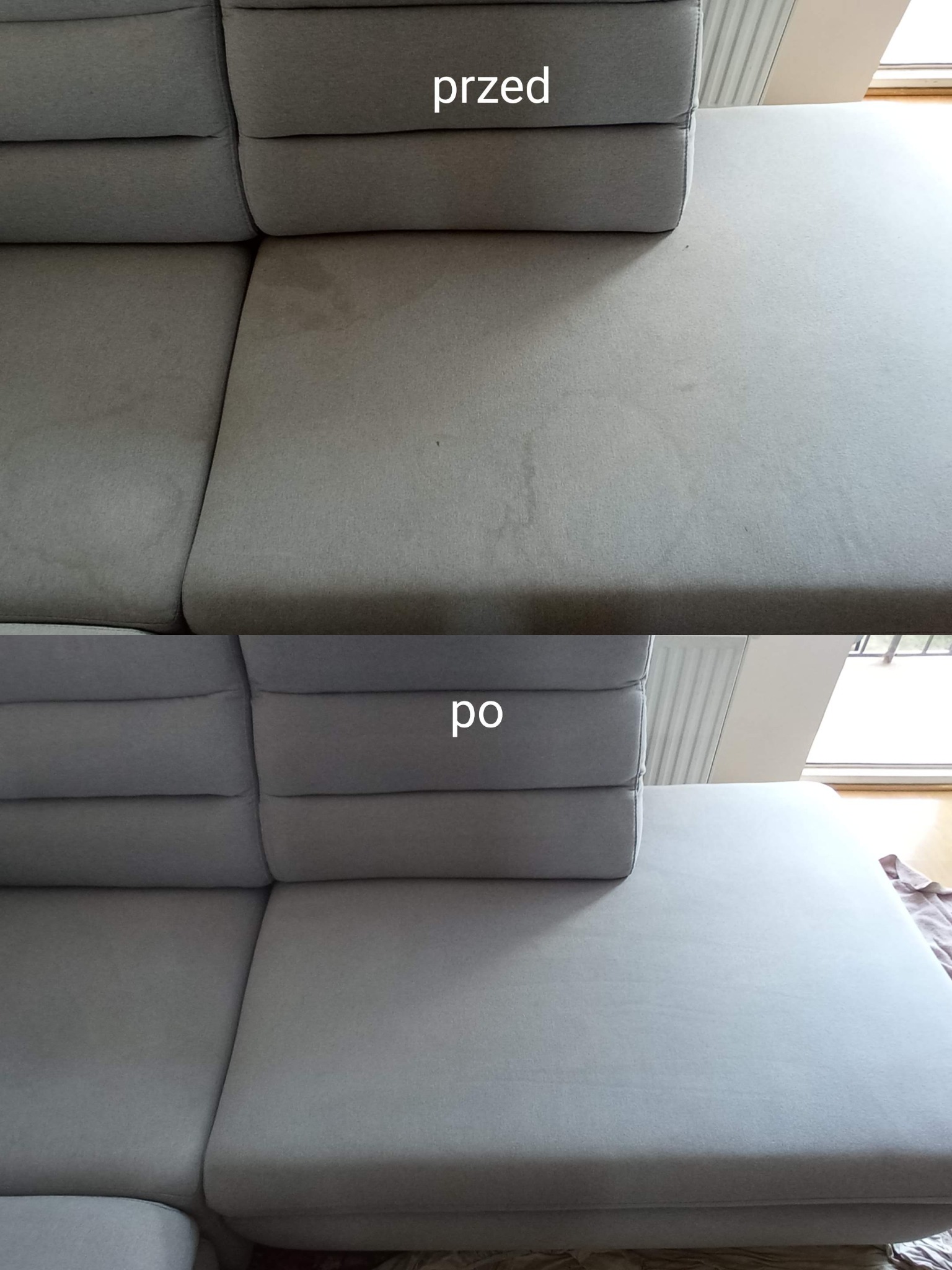 Szara sofa modułowa: porównanie stanu przed i po czyszczeniu, widoczne różnice w odświeżeniu tapicerki.